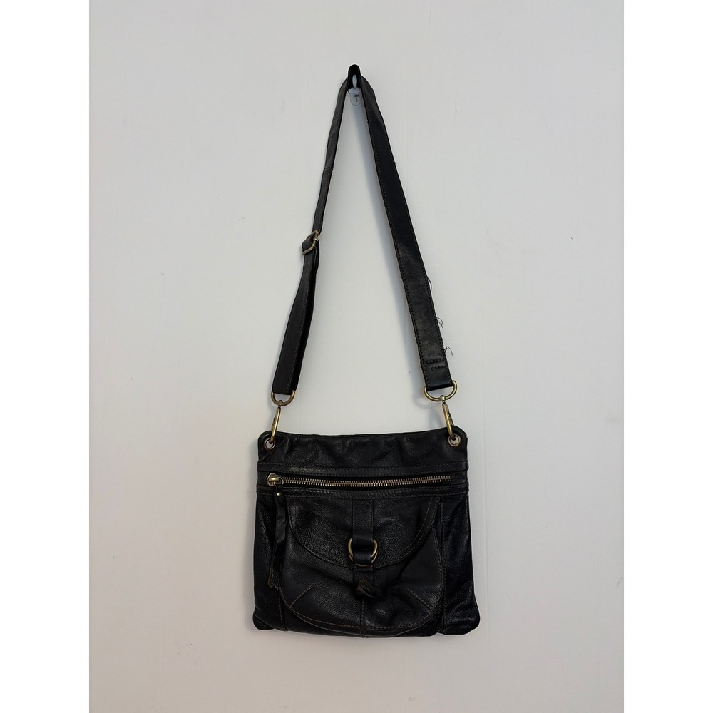 Fossil Crossbody Bag Women Small Black Good Leather Vintage Brass Zip Pocket